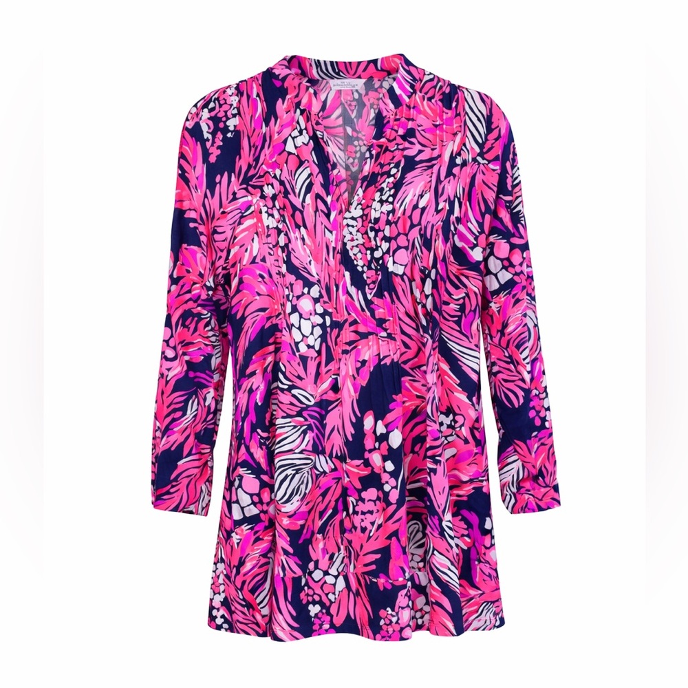Lilly Pulitzer Sarasota Tunic Top Bright Pink‎ Navy Jungle Print XS